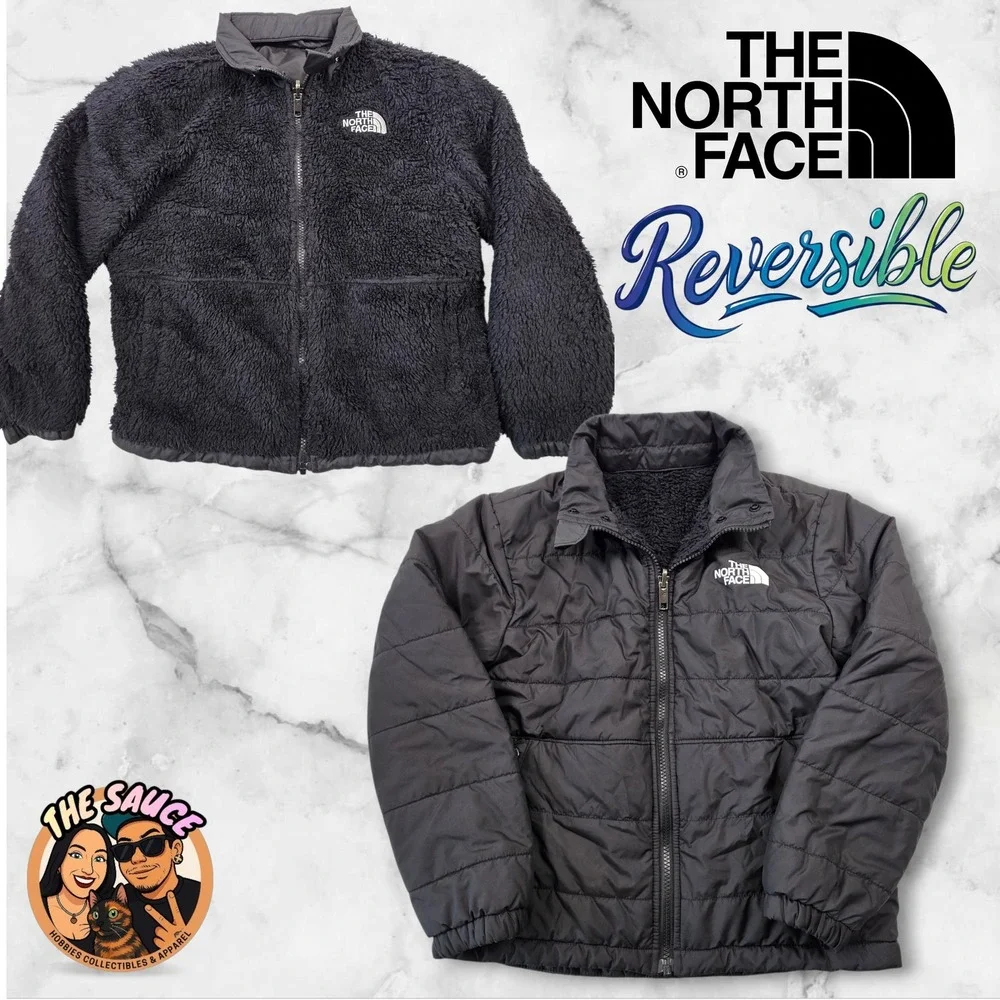 The North Face Reversible Fleece Puffer Jacket Kids Youth Sz L Black Logo Winter